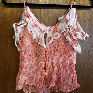 Orange and White Free People Flower Printed Tank Top Sheer